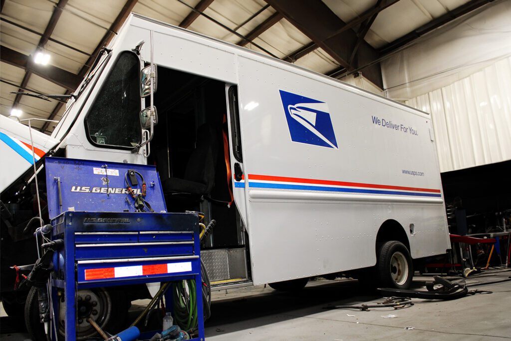 USPS truck getting serviced at 312 Truck Body Repair & Painting