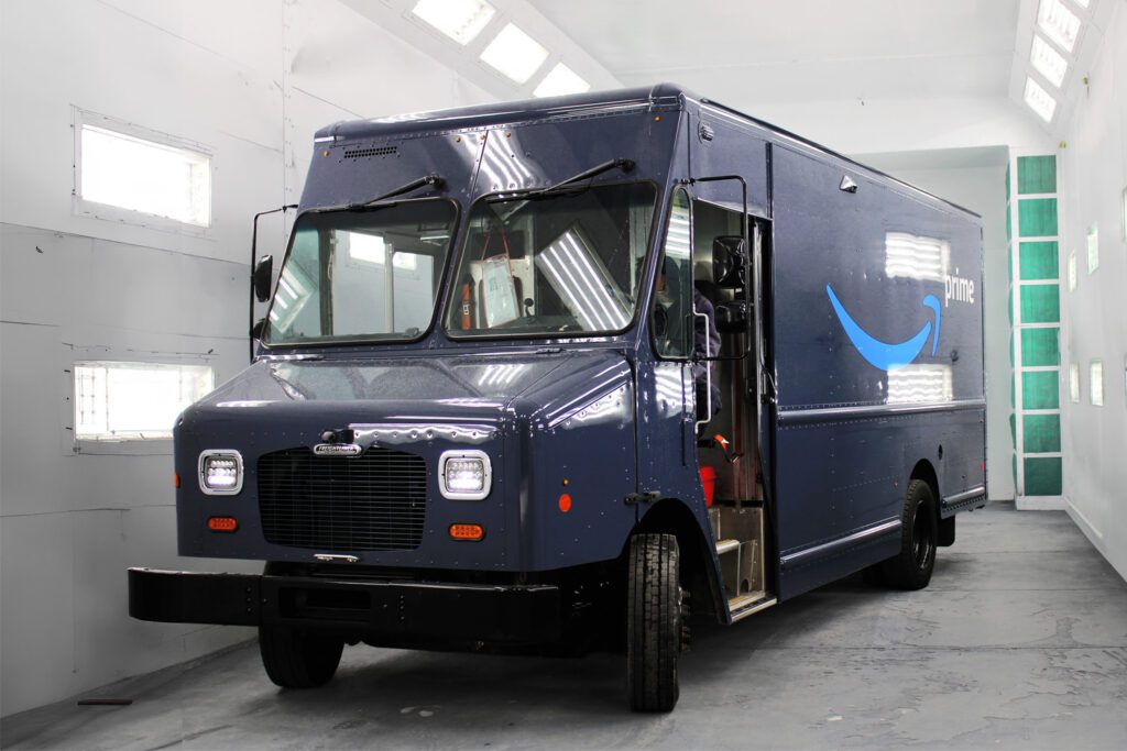 Amazon truck in paint bay | 312 Truck Body Repair & Painting