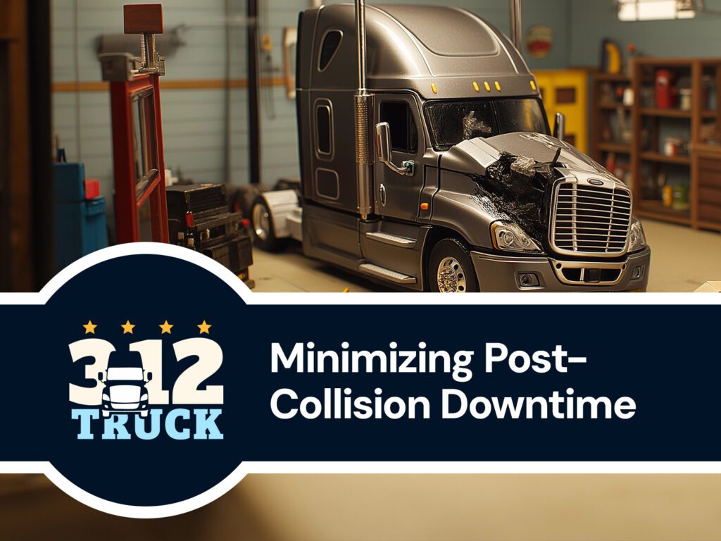 Semi-truck with collision damage parked in an auto garage