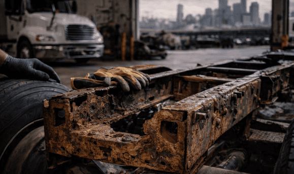 Heavily rusted truck frame showing structural corrosion inside a commercial repair shop