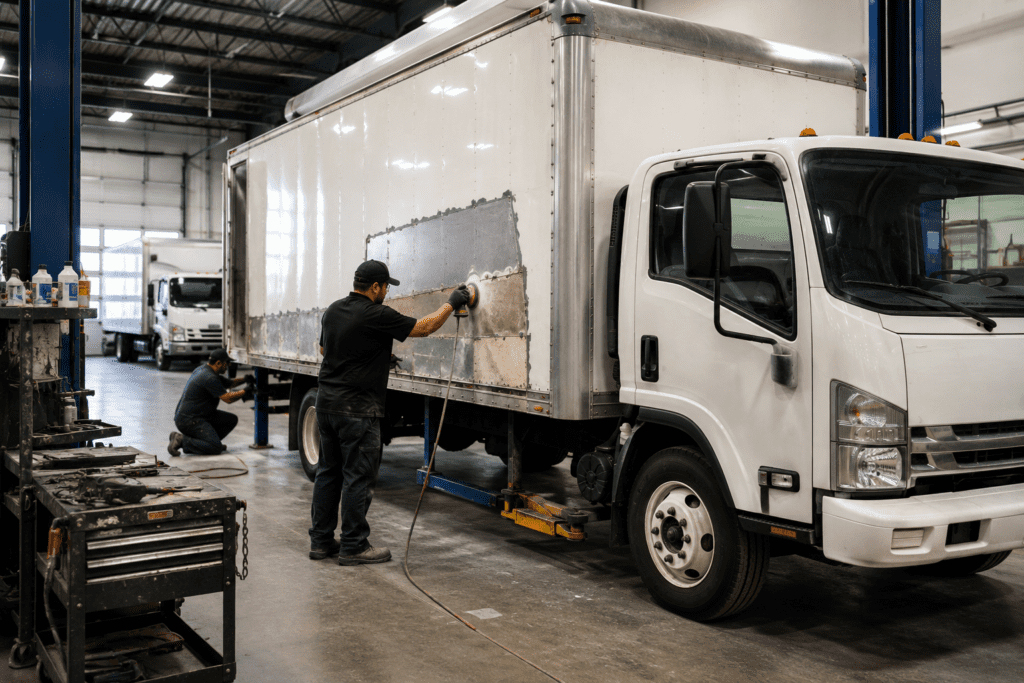 White box truck being repaired inside a commercial truck body shop
