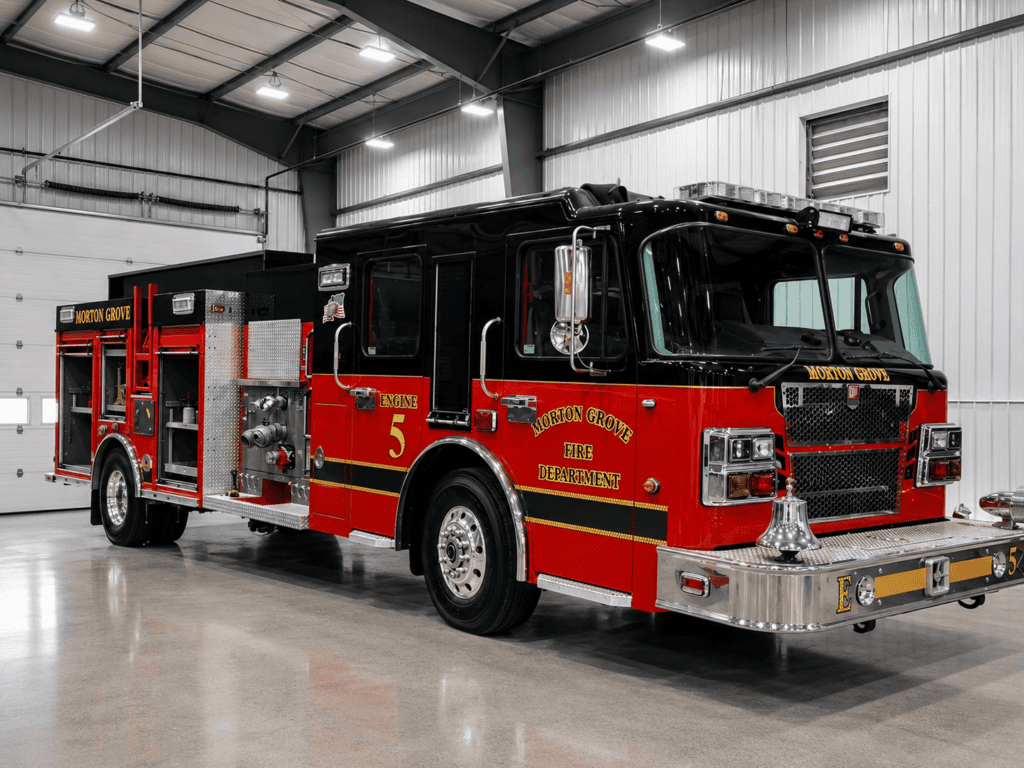 Morton Grove Fire Department Engine 5 after professional fire truck body repair, painting, and refinishing by 312 Truck Body Repair & Painting in Illinois.