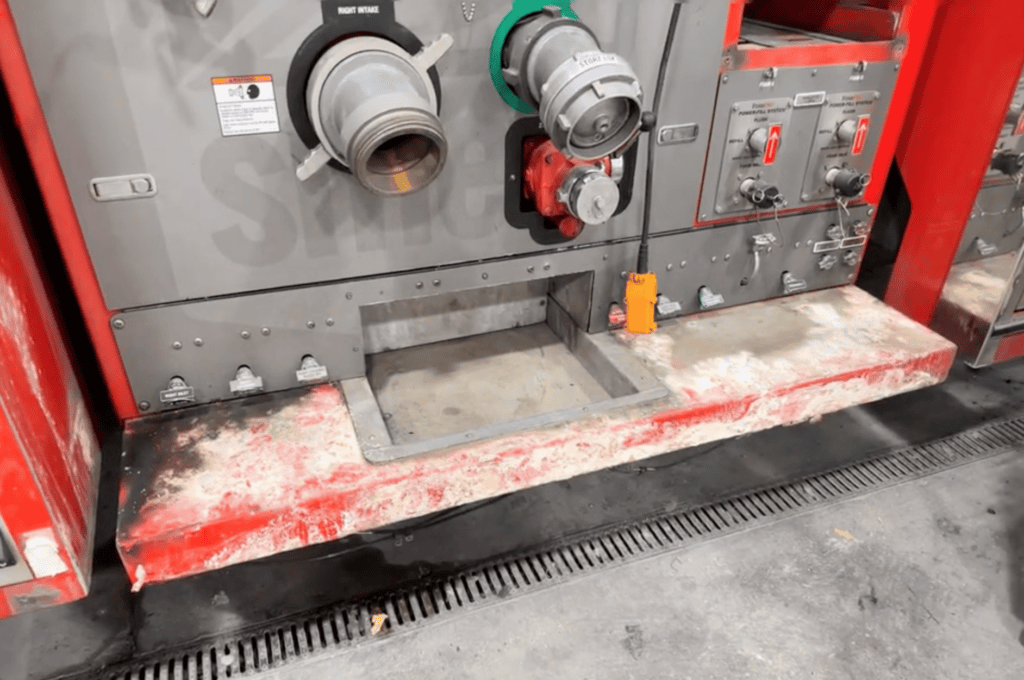Close-up of the pump panel on Morton Grove Fire Department Engine 5 during fire apparatus repair and refinishing.