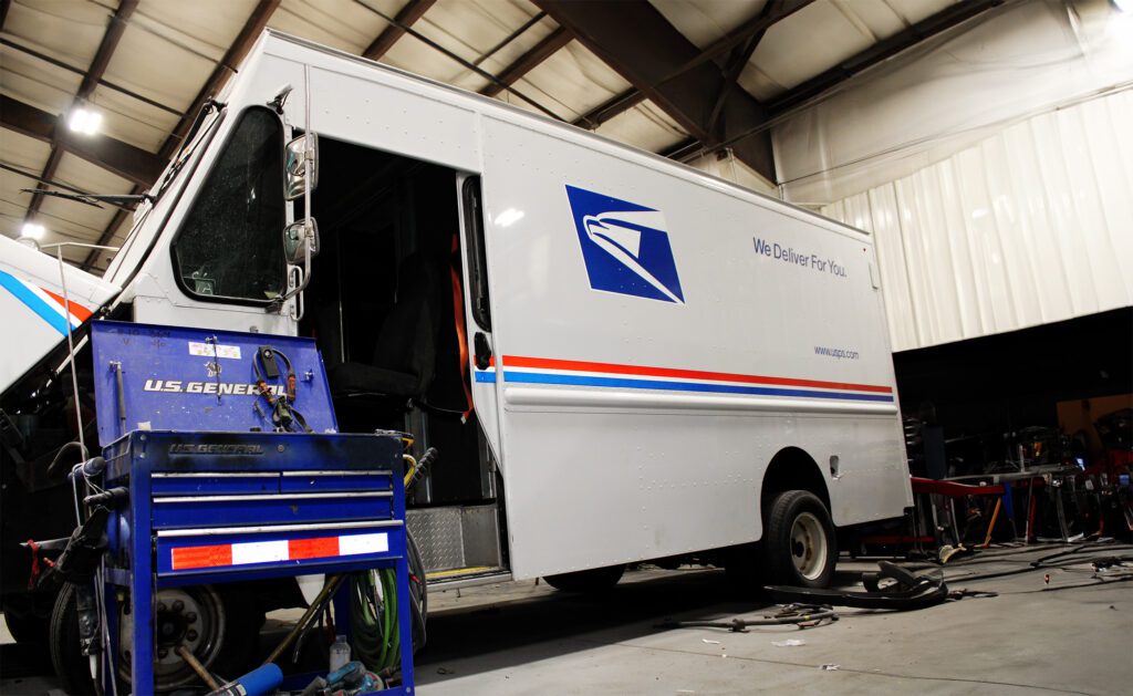 USPS truck getting serviced at 312 Truck Body Repair & Painting